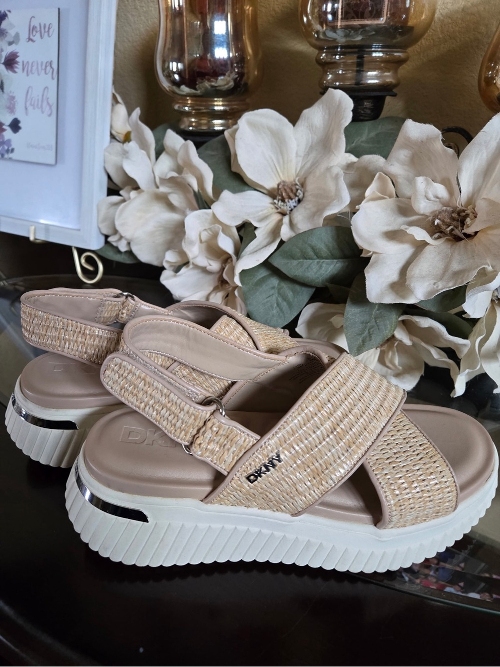 DKNY Beige Woven Platform Slingback Sandals